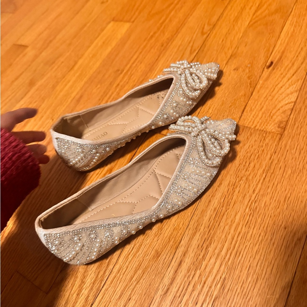 Beaded Bow Pointed-Toe Flats in Ivory by Unknown Brand